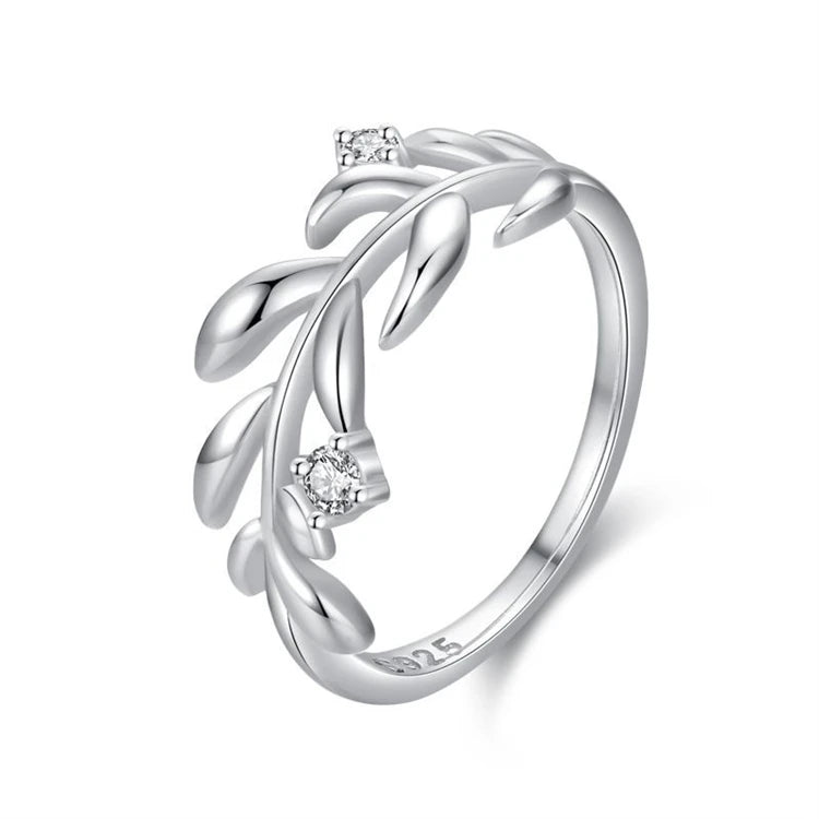 Simple Olive Branch Leaf 925 Sterling Silver Fashion CZ Diamond Finger Stackable Rings for Women
