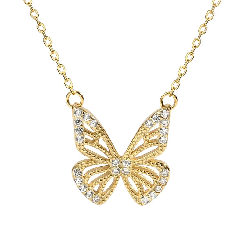 Elegant Sterling Silver Animal Butterfly Necklace Real Gold Plated Silver Shiny CZ Zircon Hollow Butterfly Pendant Necklace