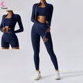 3 Piece Active Wear Sportswear Exercise Athletic Ribbed Hollow Zipper Long Sleeve Gym Workout Seamless Yoga Sets for Women
