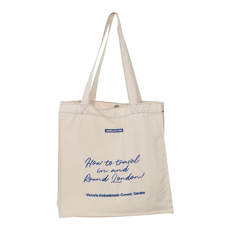 Women's Solid Color Canvas Tote Shopping Bag Casual Cotton Shoulder Bag Girls Ladies Logo Pattern Gift