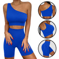 Unique One Shoulder Design Fitness Yoga Wear Gym Crop Top Women Short Fitness Set