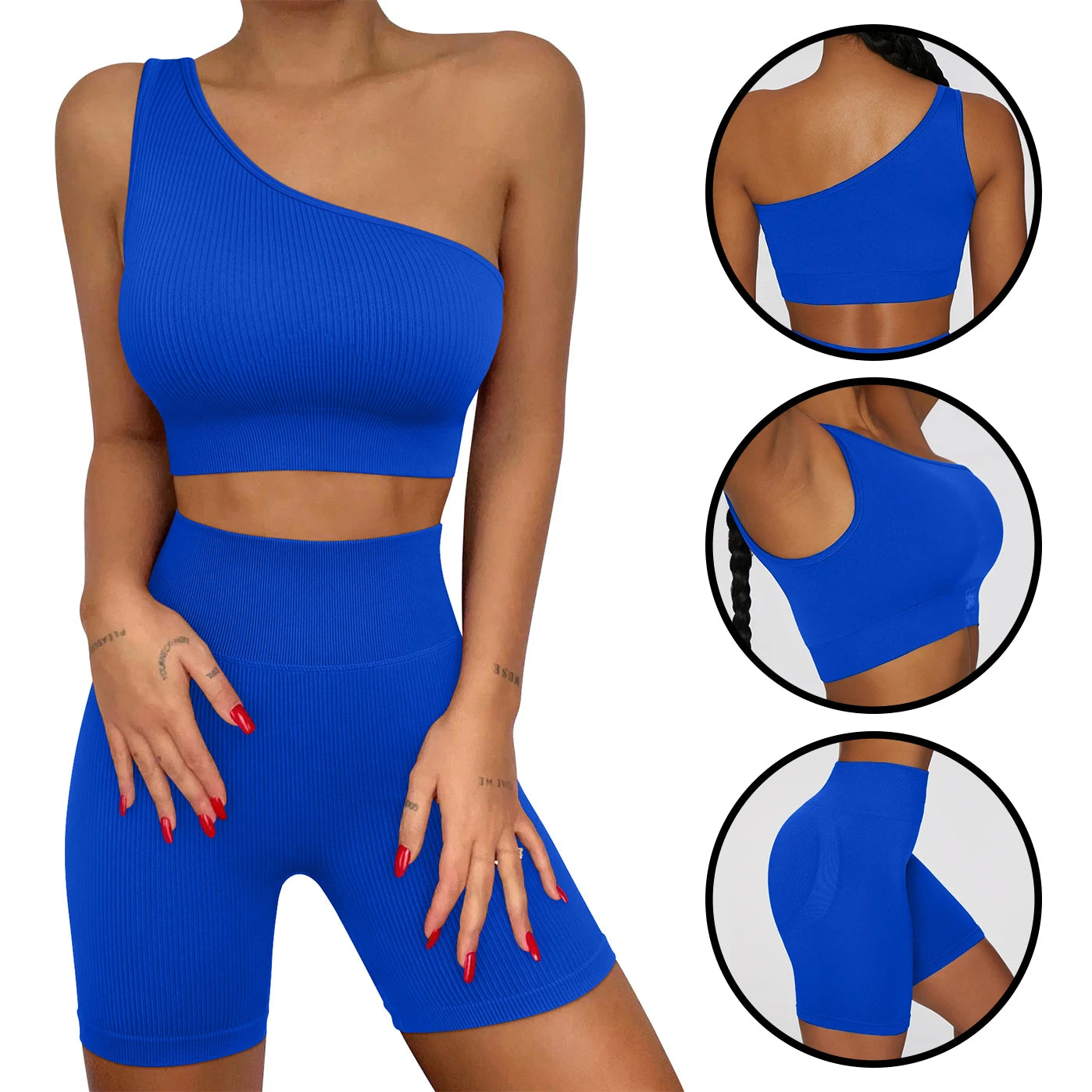 Unique One Shoulder Design Fitness Yoga Wear Gym Crop Top Women Short Fitness Set