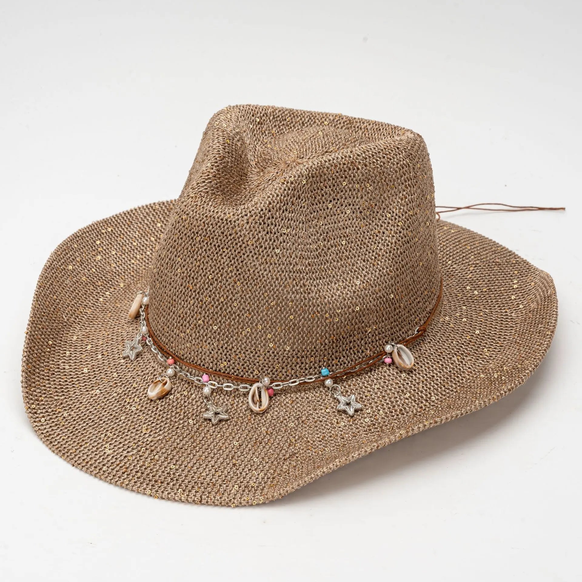 Summer Beach Floppy Paper Hat for Men and Women with Shell Decor Sequin Straw Hat for UV Protection Outdoor Daily Use