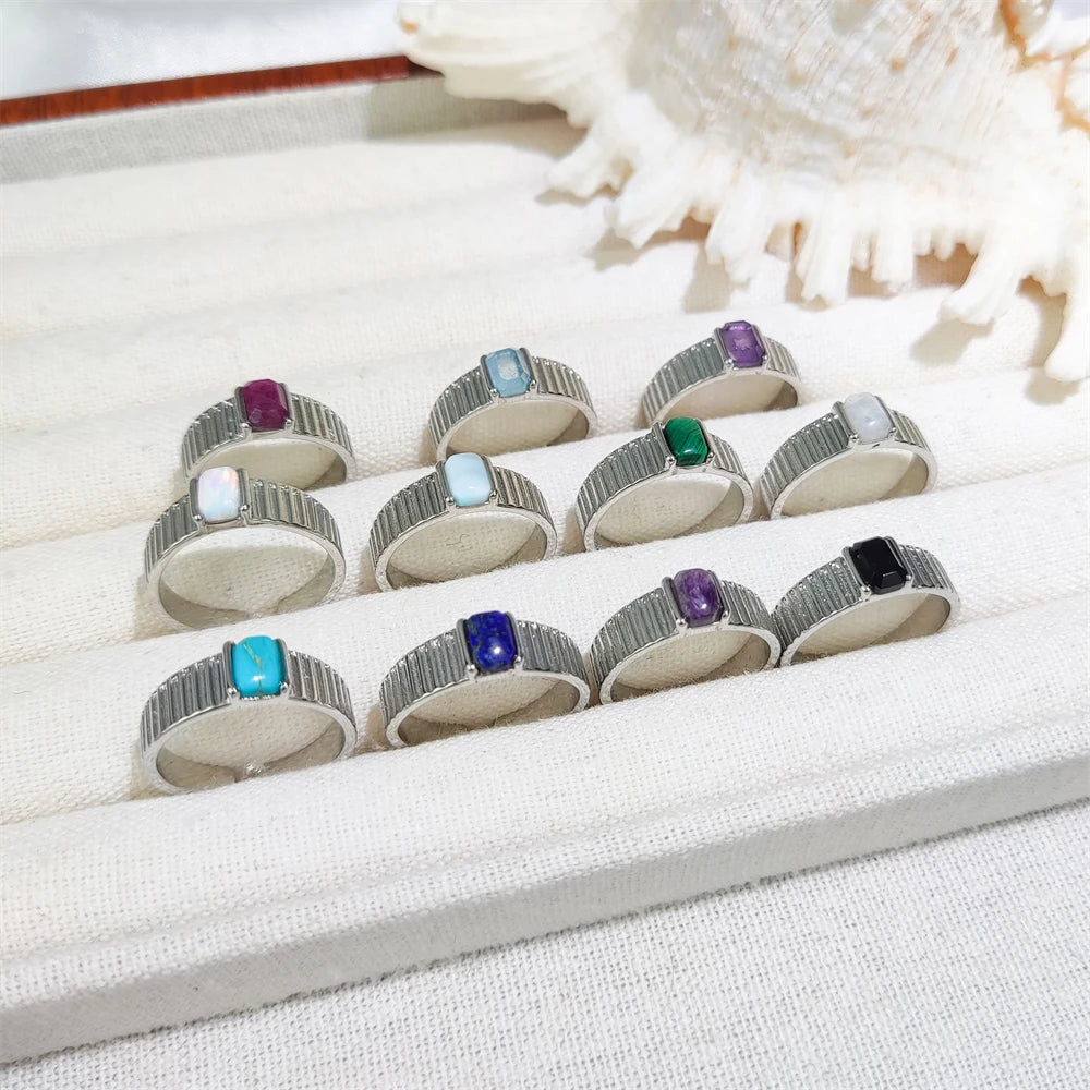 New Fashion Jewelry Silver Plated Opening Adjustable Ring Natural Gemstone Turquoise Amethyst Opalite Rings for Ladies Gifts