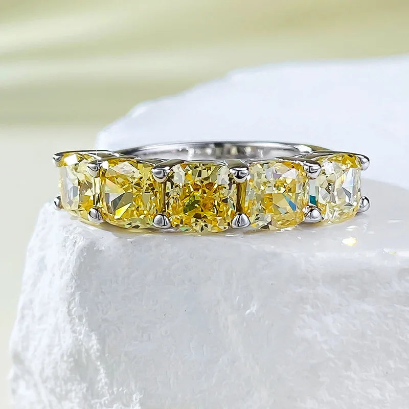 Everyday Wear 925 Silver Ring with Five 5*5mm square Yellow Zircon Stones