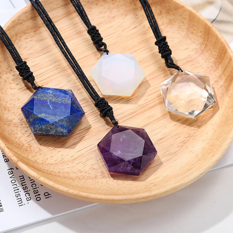 Lapis Hexagram Natural Stone Necklace Obsidian Wolf Tooth Amulet His and Hers Couples Lucky Love Pendant Necklace for Men Women