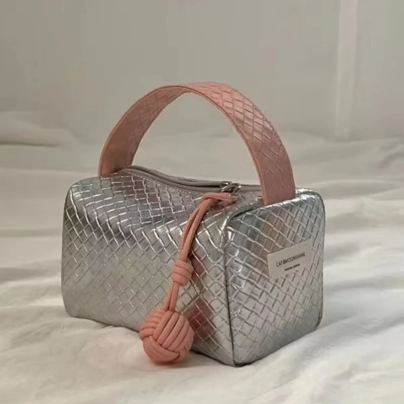 Fashion Braided Texture Split Leather Soft Lightweight Waterproof Makeup Bag Unisex Eco-friendly Fabric Zipper Portable Pouch