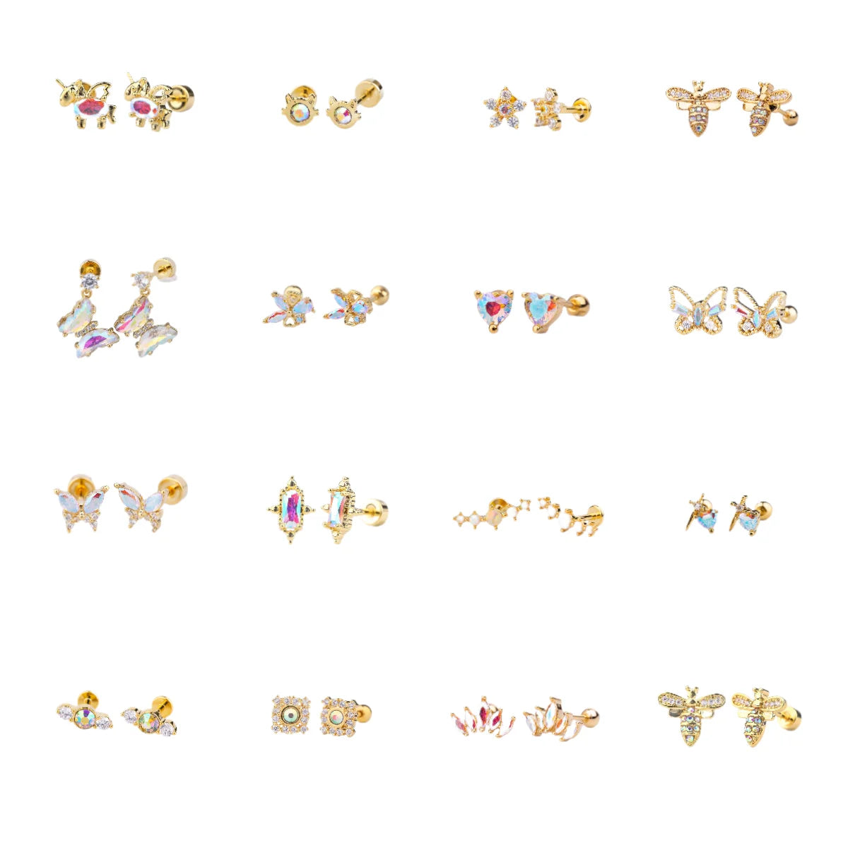 Dainty Minimalist 18k Gold Plated Zirconium Earrings Piercing Jewelry butterfly Crown pink Tiny ab Crystal Stud Earrings Women