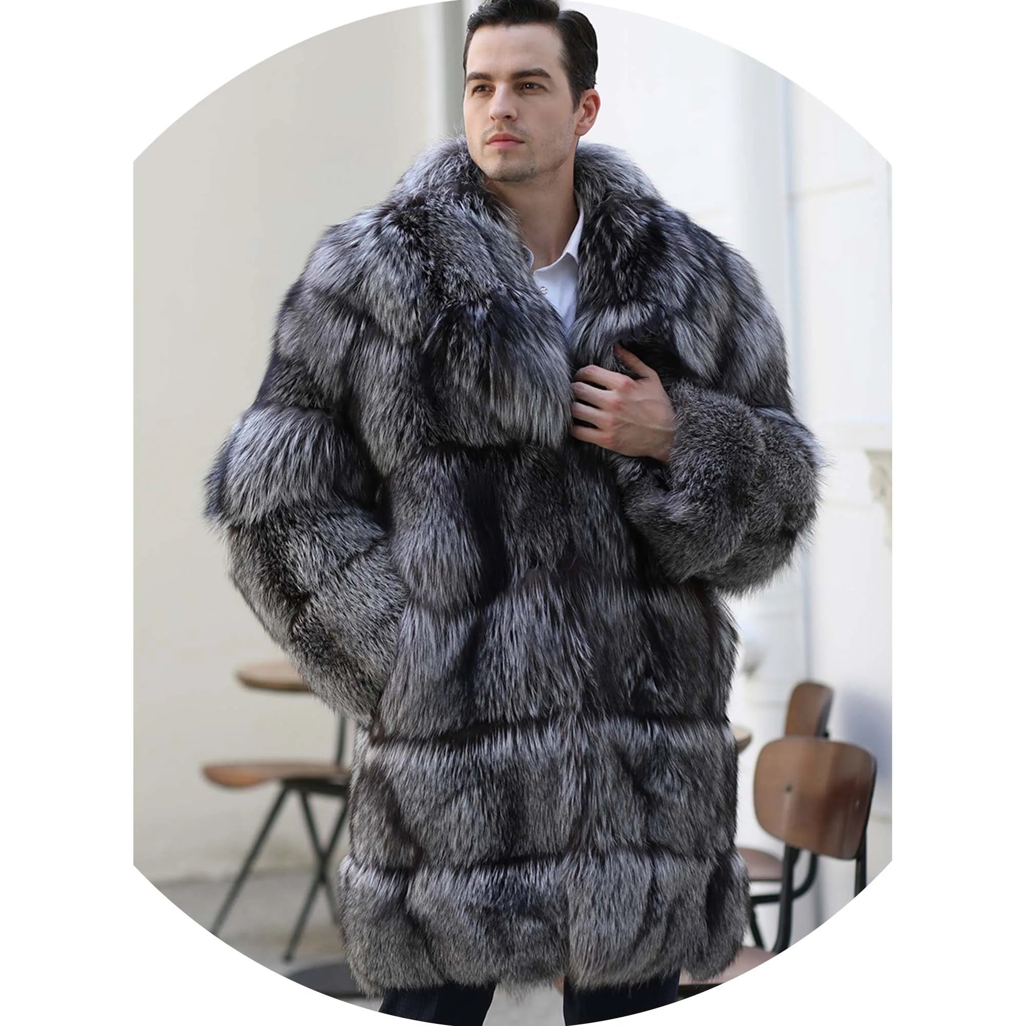 Fur Vender Wholesale Man Real Grey Silver Fox Fur Coat Genuine Thick Fur Elegant Coat Men