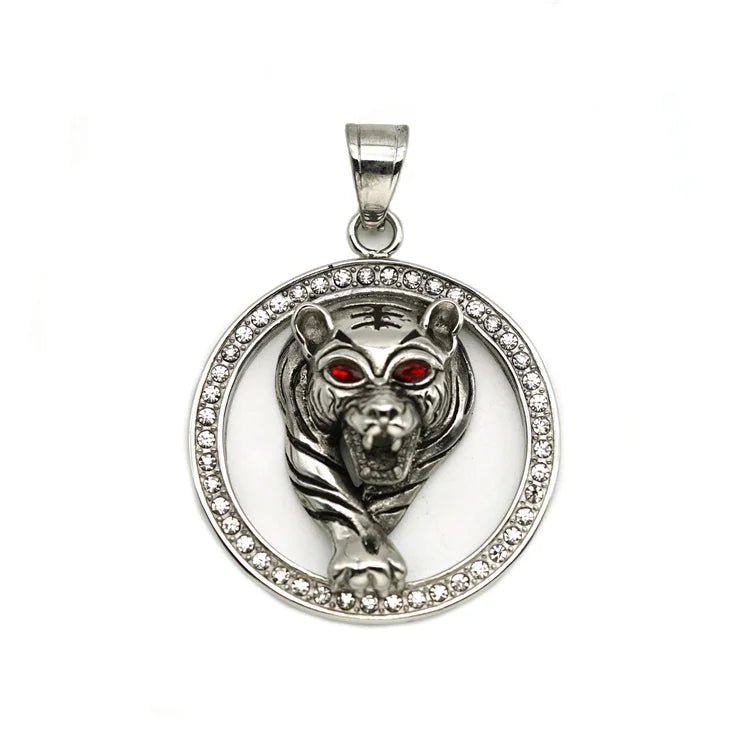 Hip Hop Stainless Steel Round Pendant Necklace Zircon tiger Pendant Necklace