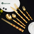 FANGYUAN New Arrival 5 Piece Reusable Bamboo Design Handle Full Stainless Steel Gold Chopsticks Flatware Cutlery Set