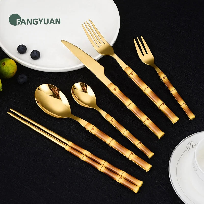 FANGYUAN New Arrival 5 Piece Reusable Bamboo Design Handle Full Stainless Steel Gold Chopsticks Flatware Cutlery Set