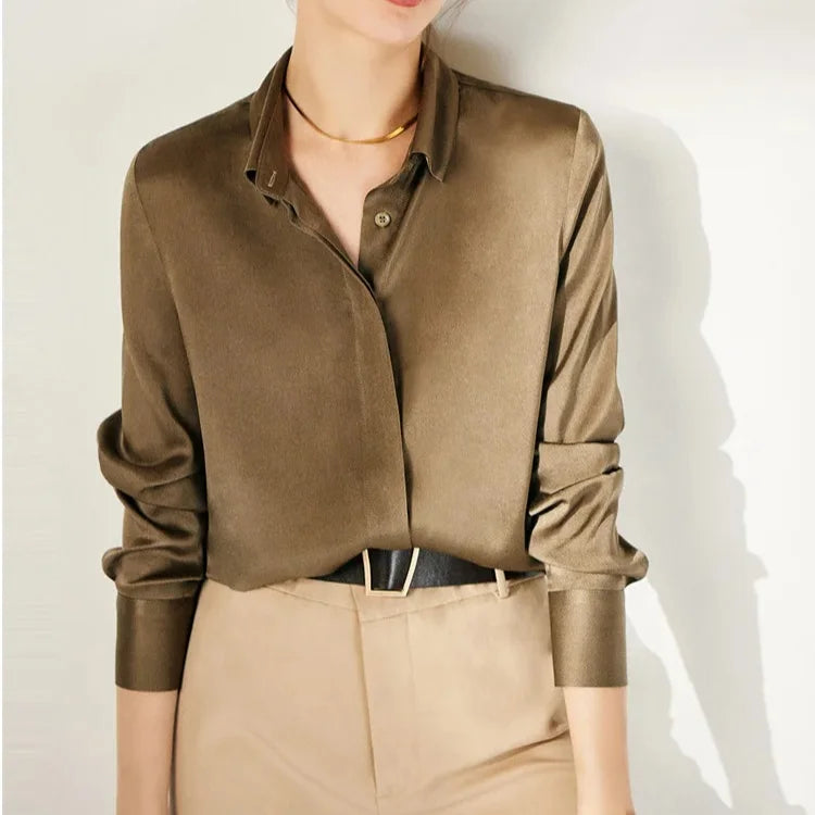 Women's Classic  Button Down Shirt Long Sleeve  Silk Satin Plain Dyed  Summer Spring Winter ODM Supply