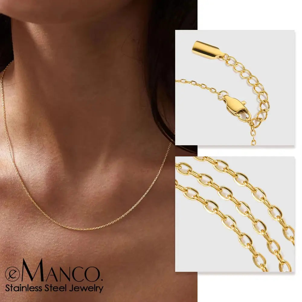 EManco Hot Selling Simple 14k Gold Plated Stainless Steel  Cable Chain Link Lobster Clasp Adjustable Necklace Jewelry