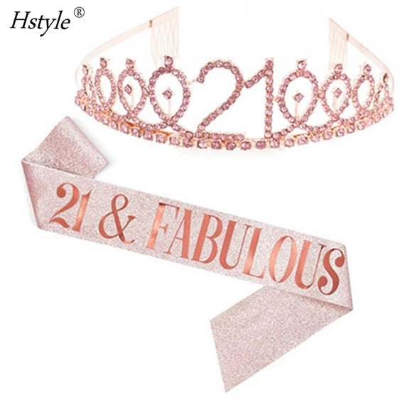 Happy 21st Birthday Party Supplies 21& Fabulous Glitter Satin Sash and Crystal Tiara Birthday Crown for Birthday Party HS063