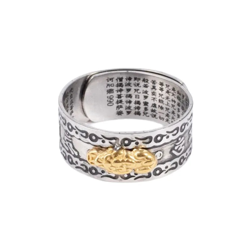 Adjustable Stainless Steel Golden Toad Heart Sutra Ring PiXiU Mantra Protection Wealth Ring Punk Feng Shui Rings for Women