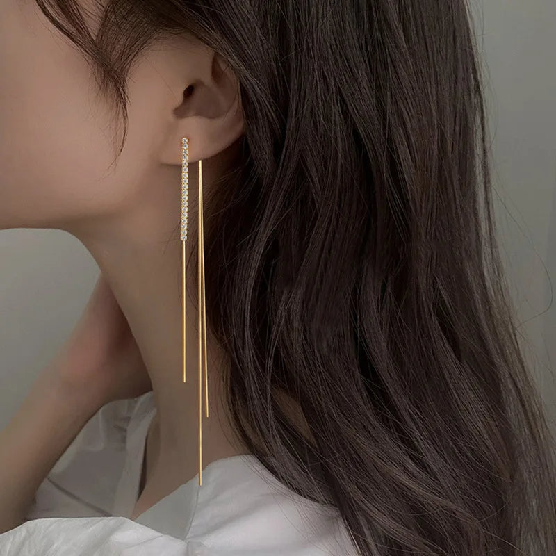 Korea S925 Silver Earrings Flash Diamond Tassel Earrings High-end Sense Slim Summer Trendy Designs Long Earrings for Women