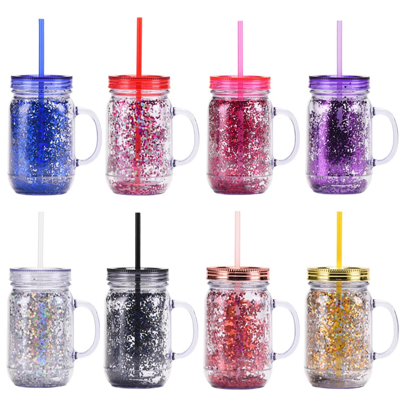 Wholesale European Style Solid Color Rooster Handle Double Wall 20 Oz Eco-Friendly Plastic Mason Jar Straw Reusable Daily Cup