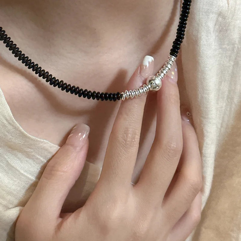 Fashion 925 Sterling Silver Black Agate Round Beads Beaded Necklaces for Women Birthday Gifts Jewelry