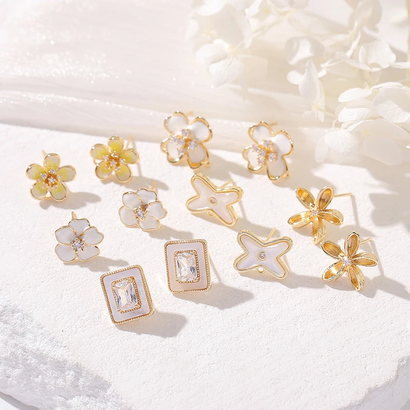 Summer Fashion Jewelry 14K Gold Plated Enamel White Flower Stud Daisy Flower Korean Drop Earrings Jewelry