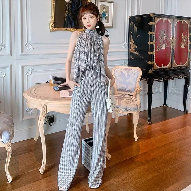 ZYHT 4912 Halter Top 2 PCS Linen Ladies Clothing Two Piece Summer Outfits for Women 2 Piece Flare Set Pants and Tops