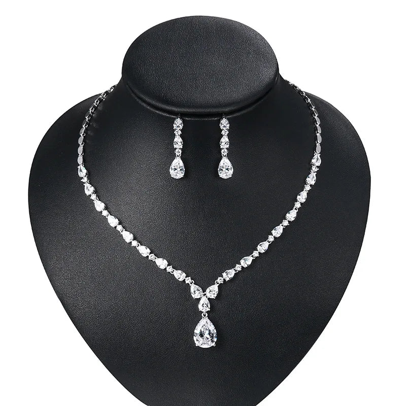 Genya Bridal Jewelry Set for Wedding Party Bride Bridesmaid Silver Zircon Necklace and Earrings