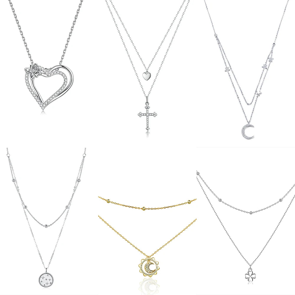 Wholesale 925 Sterling Silver Gold Plated Cross Heart Double Layer Pendant Necklace CZ Micro Pave Religious Jewelry for Women MegaBDM