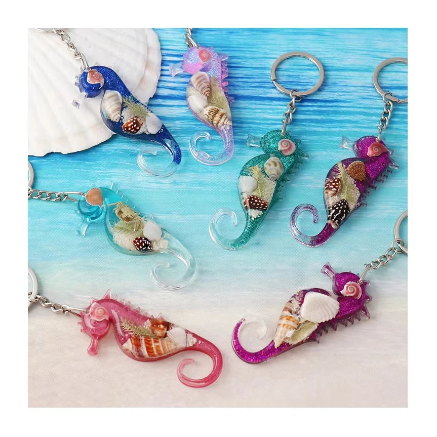 Ocean Beach Keychains Sea Horse Key Chain Real Shell in Resin Jewelry Epoxy Purse Car Keyring Accessories for Women Girl