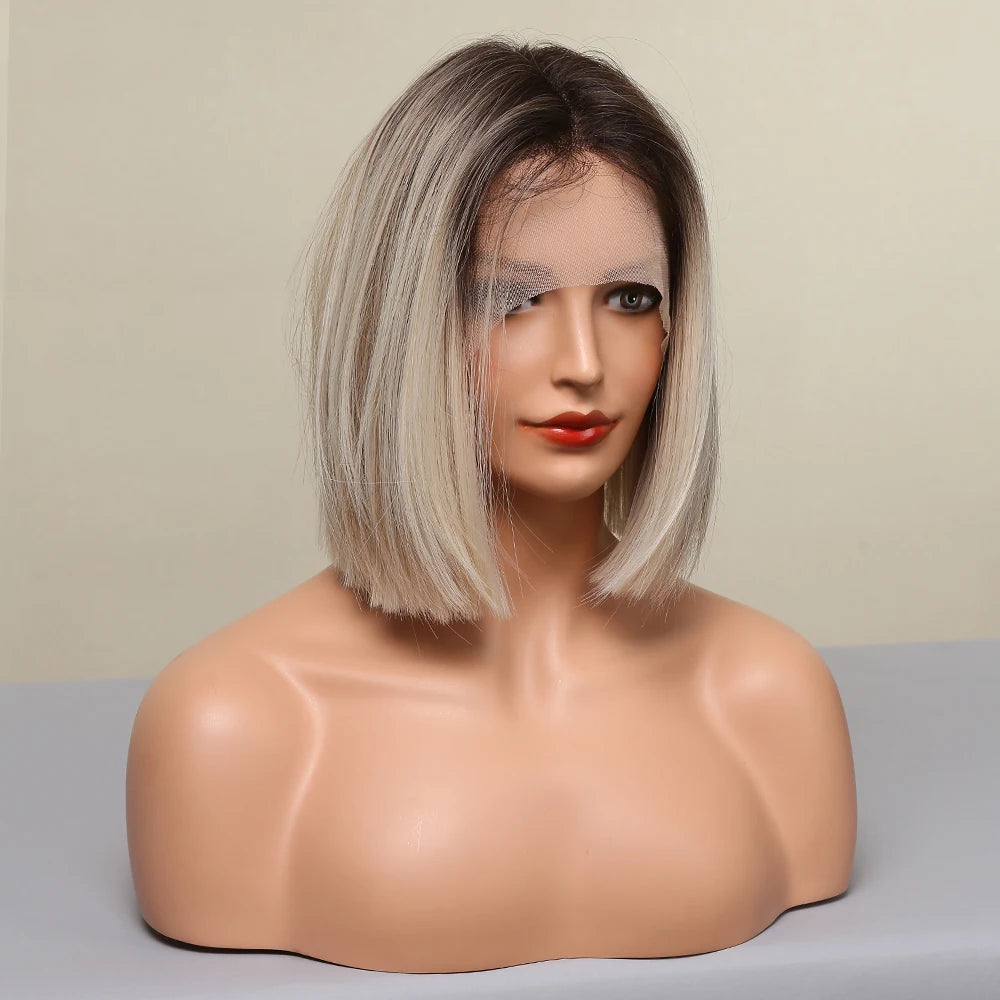 Cheap Synthetic Women Hair Wig Short Bob Dark Root Blonde Lace Front Wigs for White Women