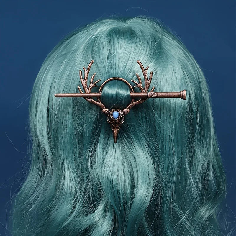 Gothic Vintage Hair Prong Raven Skeleton Moonstone Antler Hairpin Viking Hair Clips