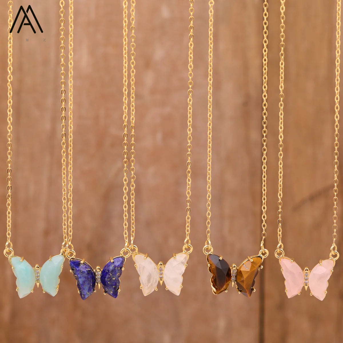 Newest Boho Style Butterfly Necklace Chic Jewelry  Gemstone Amazonite Tiger Eye Crystal Butterfly Chokers