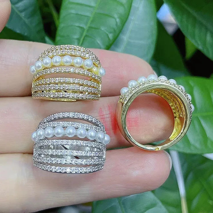 RM1643 Chic 18K Gold Platinum Silver Plated Multilayer Layered Diamond CZ and Pearl Stacking Rings Engagement Ring Gift for Her