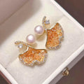 Natural Colored Crystal Ginkgo Leaf Earrings 6-7 mm Freshwater White Pearl Jewelry Gold Plated for Party or Gift