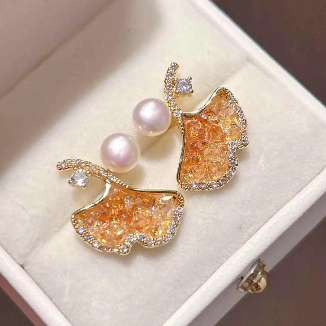 Natural Colored Crystal Ginkgo Leaf Earrings 6-7 mm Freshwater White Pearl Jewelry Gold Plated for Party or Gift