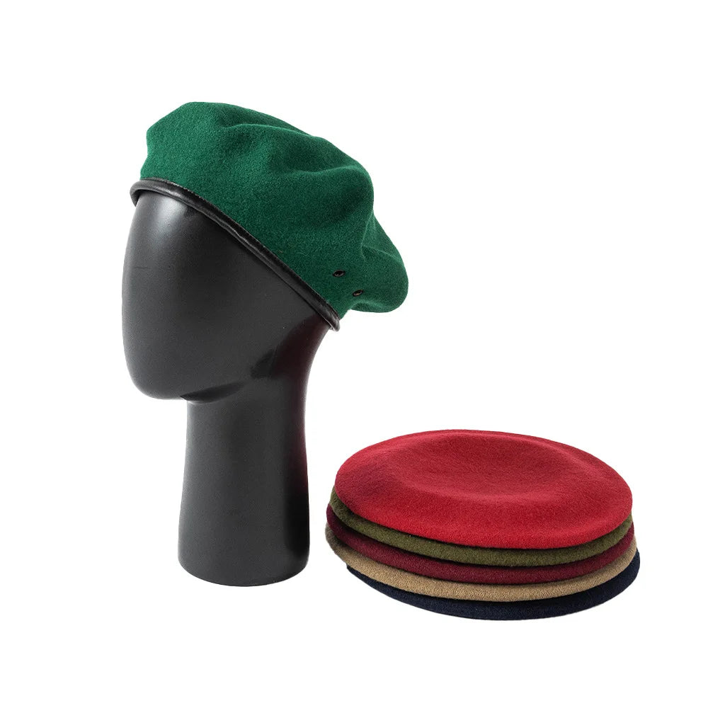 Spring Autumn Winter Large Head Size Wool Beret Training Security Guard Hat PU Leather Binding Beret Hat