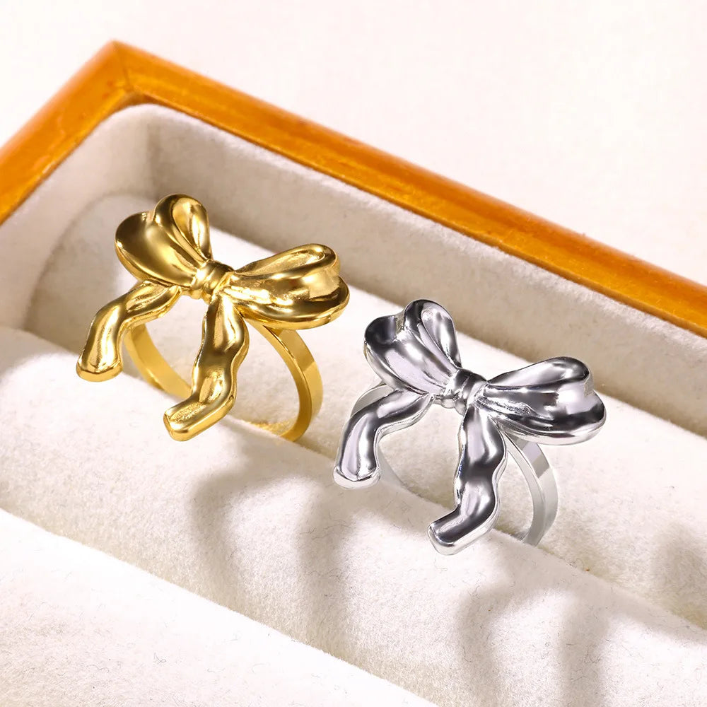 HOVANCI New Exquisite Bow Casting Ring Adjustable Vacuum Electroplated Finger Ring Opening for Women Stainless Steel Jewelry