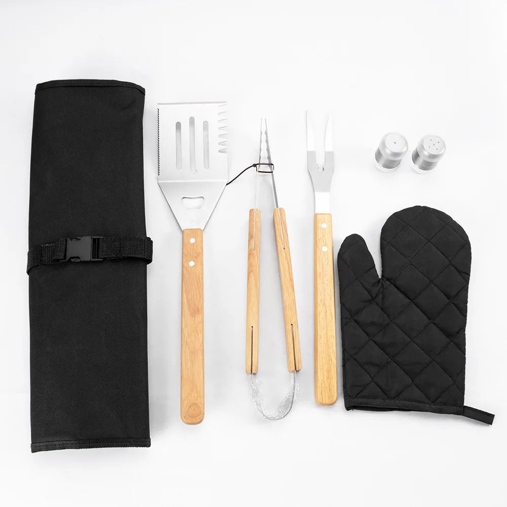 Outdoor Stainless Steel BBQ Tools Three-Piece Set with Oak Handle Grilling Fork Shovel Tongs Metal Utensils for Cross-Border Use