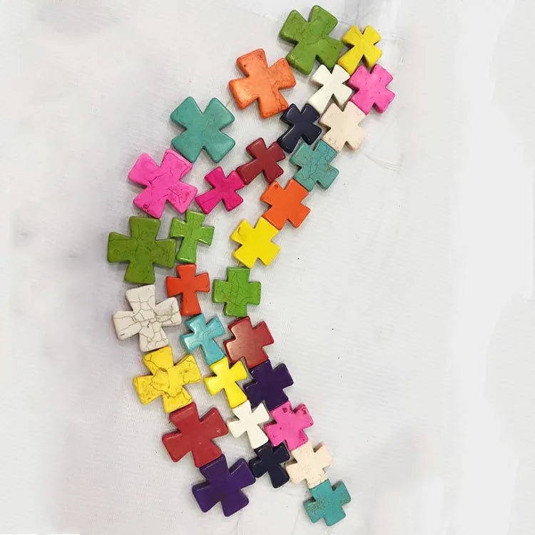 TB0166 Chunky Large Big Multi Colored Colorful Howlite Turquoise Cross Beads
