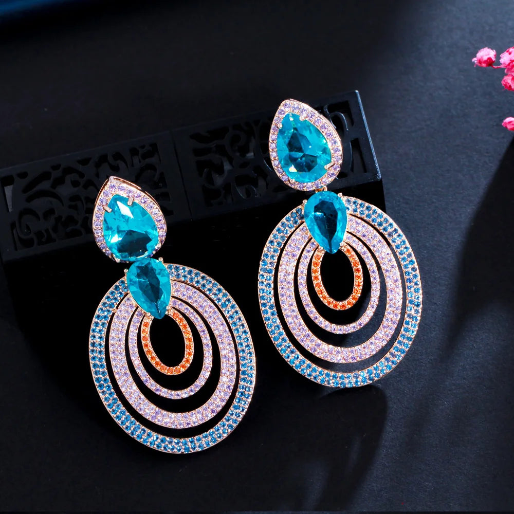 Lady Triple Color Cubic Zircon Multi Circle Round Shape Big Dangle Drop Earrings for Women Retro Earrings Party Costume Jewelry