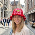 Handmade Causal Beanie Acrylic Cherry Floral Crochet Wide Brim Bucket Hat for Cycling & Daily Use-Summer Knit Sun Protection