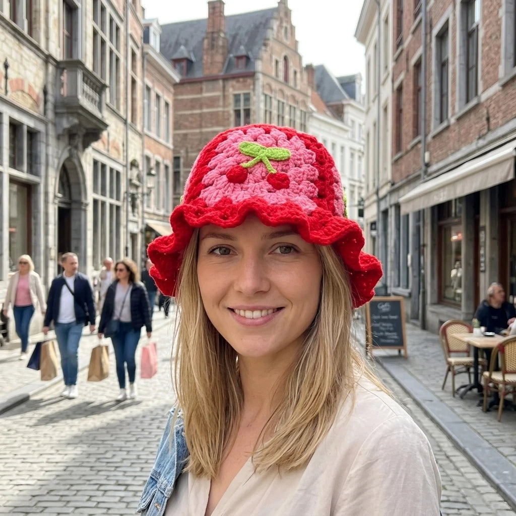 Handmade Causal Beanie Acrylic Cherry Floral Crochet Wide Brim Bucket Hat for Cycling & Daily Use-Summer Knit Sun Protection