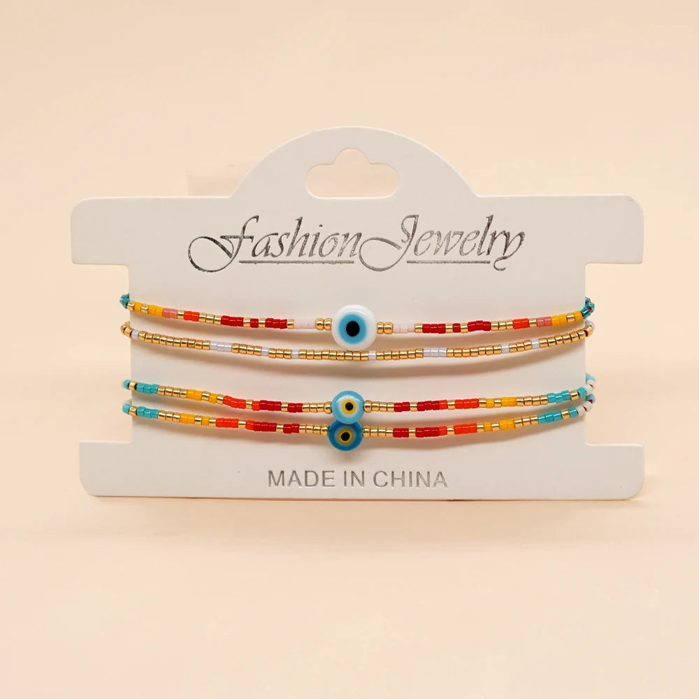Bohemia Woman's Latest Fashion Gold Plated Bracelet Handmade Multi-Round Turkish Eye Miyuki Beaded Adjustable for Engagement