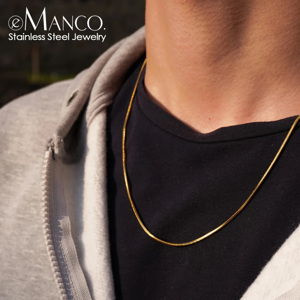 EManco Minimalist Waterproof Chain Necklace PVD Plating 316L Stainless Steel 18K Gold Plated Round Snake Chain Necklace for Men MegaBDM