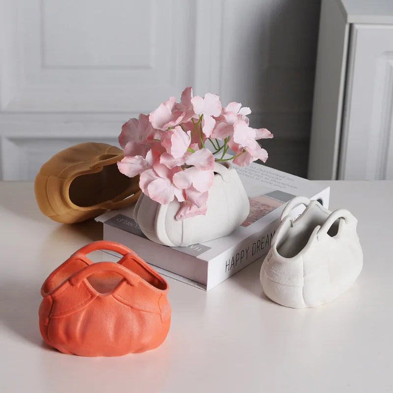 Simple European Retro Ceramic Vase Matte Wide-Mouth Handbag Pot for Decorative Purposes Available Orange Yellow Red Blue White
