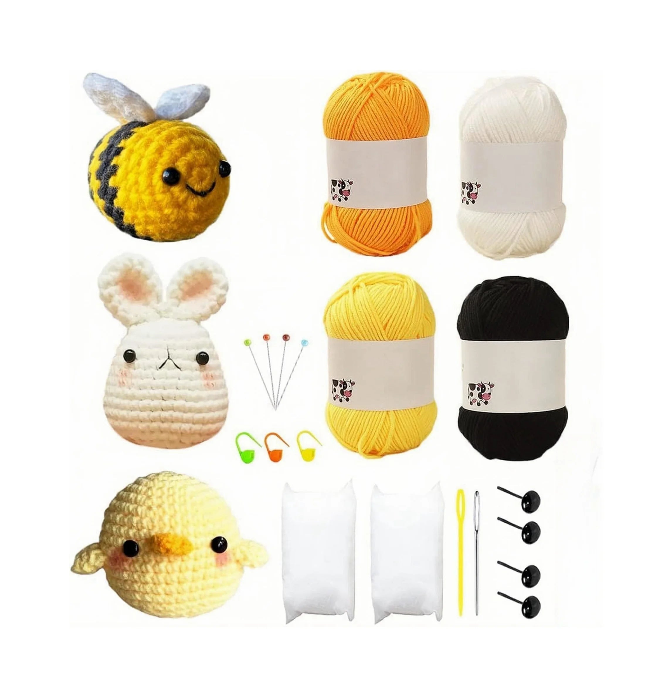 3 Sets of DIY Tube Yarn for Crochet Beginner Kit Lovely Bee Rabbit Chick Shaped DIY Crochet Kit for DIY Crochet Starters