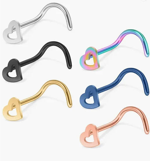 Evorte 20G Stainless Steel 18K Gold Plated Heart Shaped Curved Rod L S Shape Nose Stud Piercing Body Jewelry