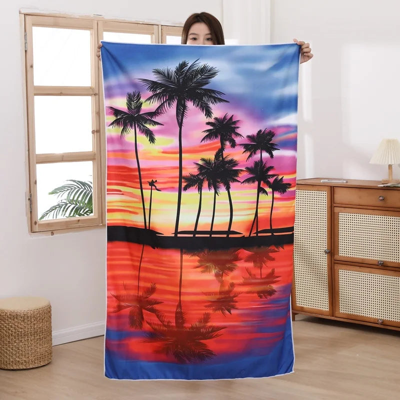 Custom Microfiber Rectangular Adult Shawl Turkish Hoodie Beach Towel Tropical Digital Print for Sun Protection Custom Logo