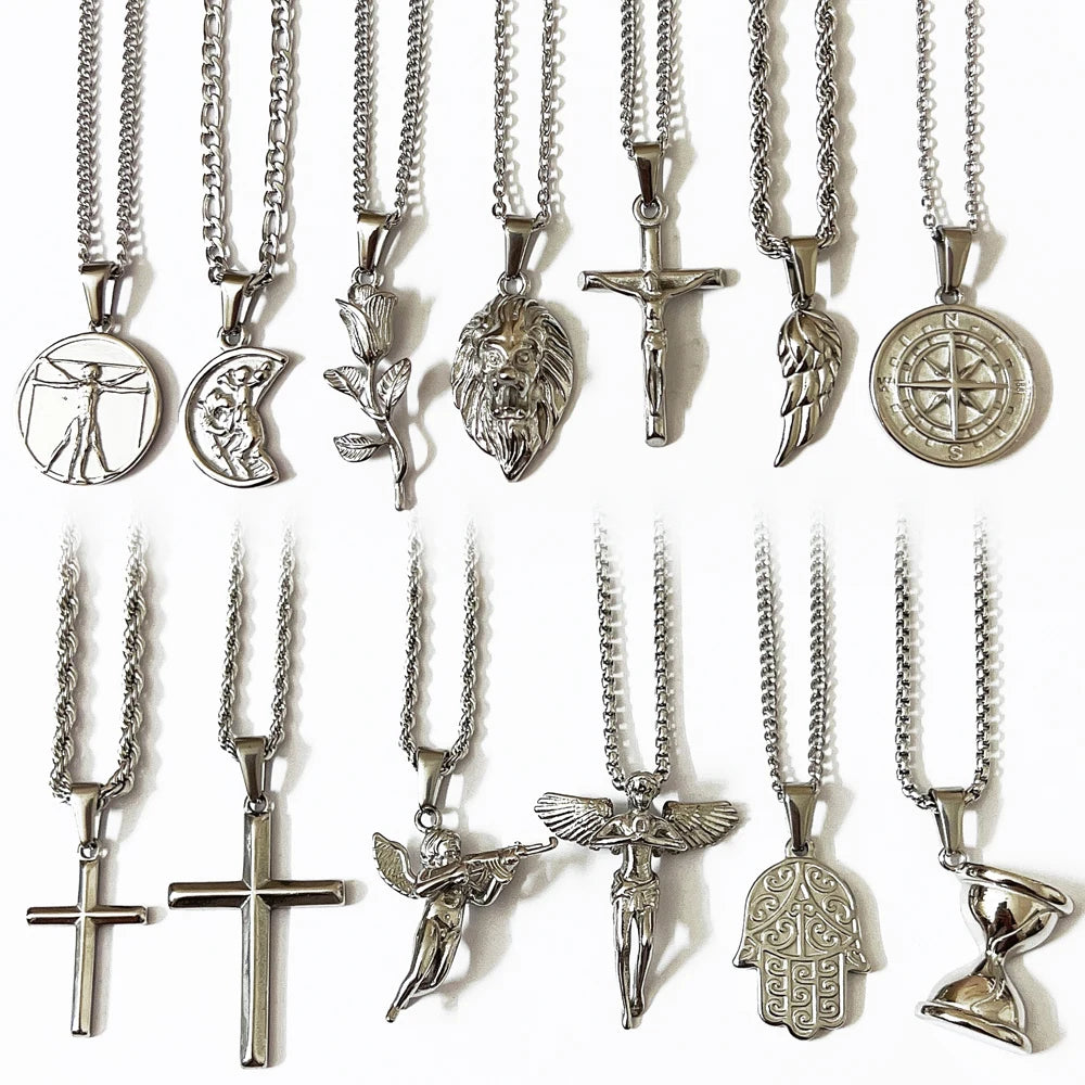 Women Men 18k Gold Compass North Star Pendant Rose Necklace Stainless Steel Crucifix Cross Jewelry Praying Hands Angel Necklace
