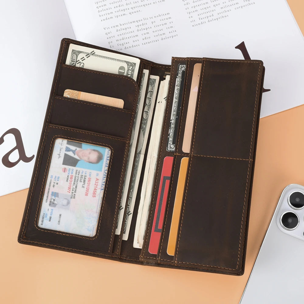 TIDING Custom Logo Brown Vintage RFID Long Genuine Leather Wallet Crazy Horse Leather 2025 Hot Selling Long Wallet Men