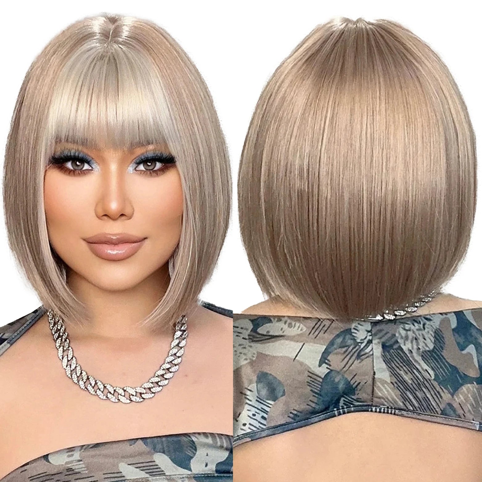 Immediate Delivery Short Silver Gray Wigs With Blonde Bangs Natural Synthetic Wigs for Women Daily Cosplay Heat Resistant Fibre